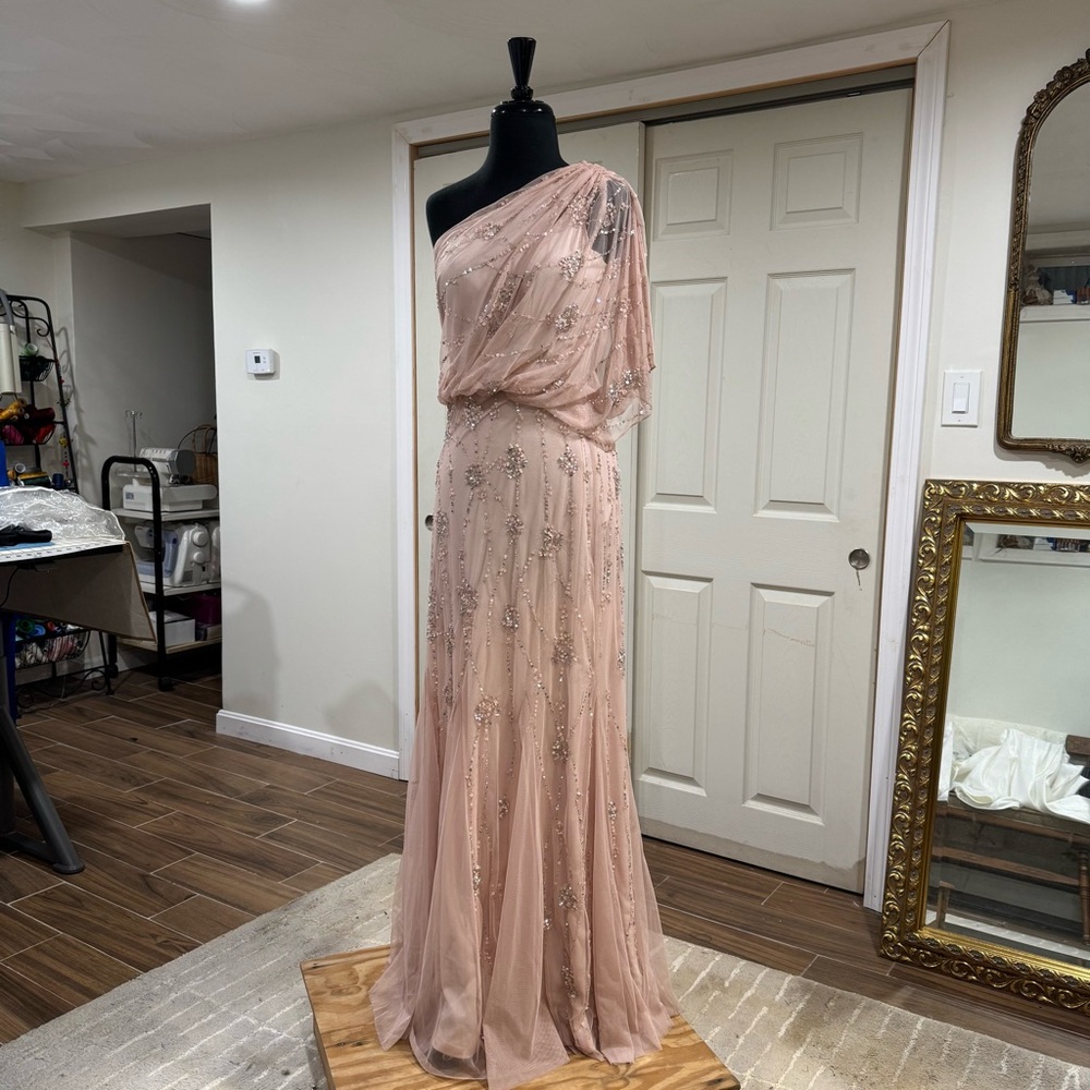 Off the shoulder blush pink beaded gown